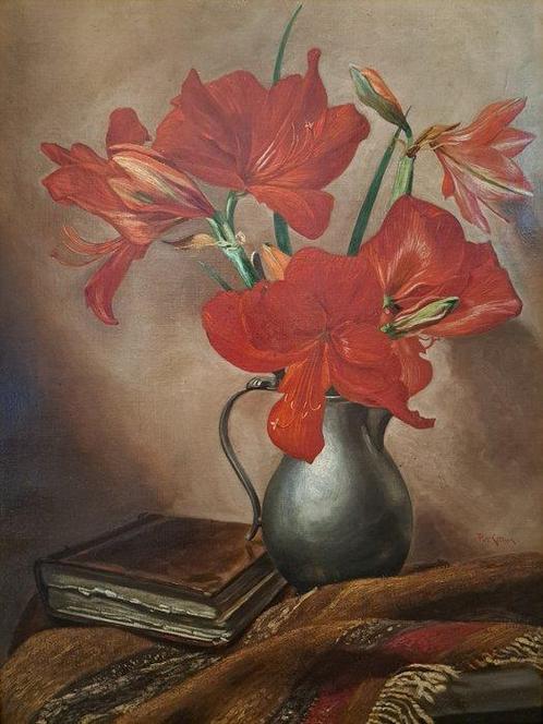 Piet Cottaar - Amaryllis in tinnen kan, Antiquités & Art, Art | Peinture | Classique