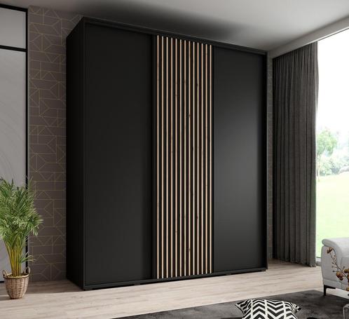 Kledingkast 200cm zwart Schuifdeuren Latjes - Garderobekast, Huis en Inrichting, Kasten | Overige, Nieuw, Verzenden