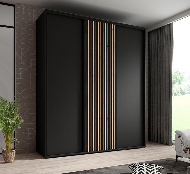 Kledingkast 200cm zwart Schuifdeuren Latjes - Garderobekast, Huis en Inrichting, Kasten | Overige, Nieuw, Verzenden