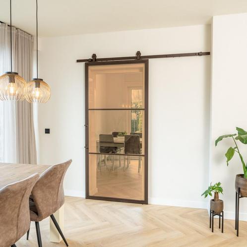 Stalen Schuifdeur - 3 Vlaks - Brons - Brons rook glas, Doe-het-zelf en Bouw, Raamkozijnen en Schuifdeuren, Inclusief glas, Nieuw