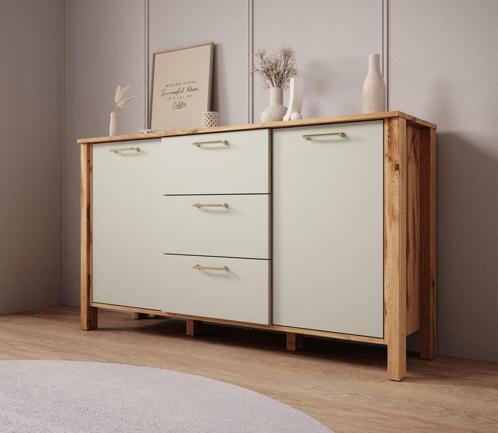 Meubella | Dressoir beige met eiken 138cm 3 lades - kast, Maison & Meubles, Armoires | Dressoirs, Envoi
