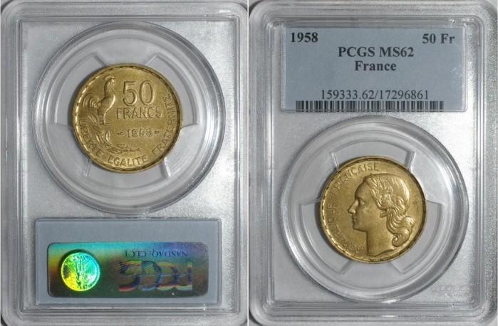 France Frankreich Km 918 50 Francs 1958 Typ Guiraud Pcgs..., Timbres & Monnaies, Monnaies | Europe | Monnaies non-euro, Envoi