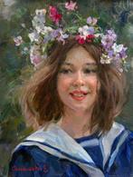Elena Salnikova (1970) - Fillette à la Couronne de Fleurs -, Antiek en Kunst, Kunst | Schilderijen | Klassiek