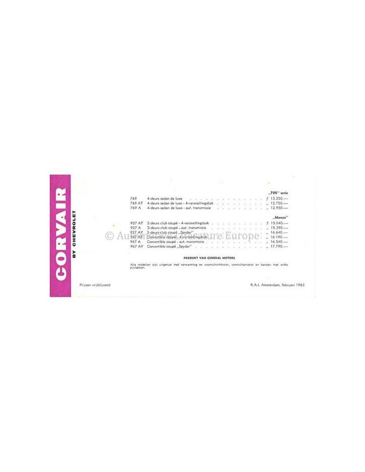 1963 CHEVROLET CORVAIR PRIJSLIJST LEAFLET NEDERLANDS, Boeken, Auto's | Folders en Tijdschriften