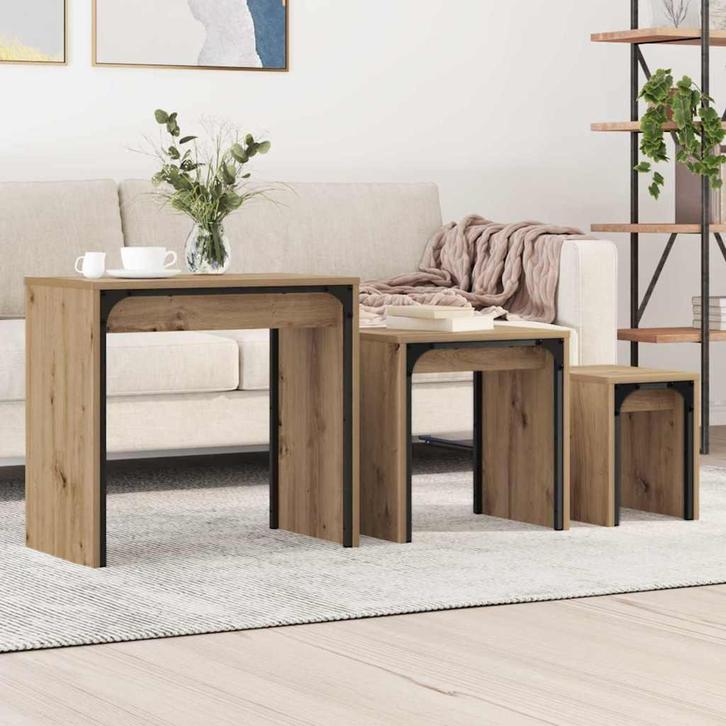 vidaXL Nest Koffietafel 3 pcs artisanaal eikenkleurig 60 x, Huis en Inrichting, Tafels | Salontafels, Nieuw, Verzenden