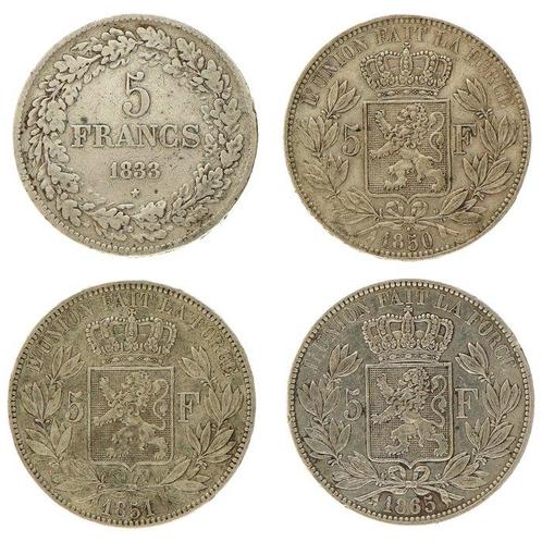 België. Leopold I (1831-1865). 5 Frank 1833/1865 (4 stuks), Timbres & Monnaies, Monnaies | Pays-Bas