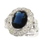 antique Art Deco, anno 1925 - Ring Witgoud Saffier - Diamant