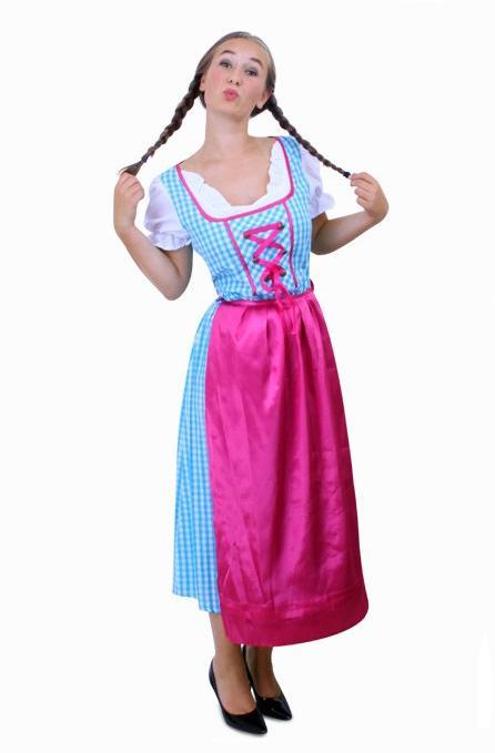 Lange Dirndl Tiroler Jurk Heidi Blauw Roze 34 XS Oktoberfest, Kleding | Dames, Carnavalskleding en Feestkleding, Nieuw, Ophalen of Verzenden