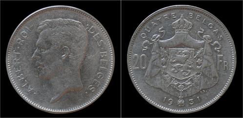 Belgium Albert I 20 frank (4belga) 1931fr-pos B nickel, Postzegels en Munten, Munten | Europa | Niet-Euromunten, België, Verzenden