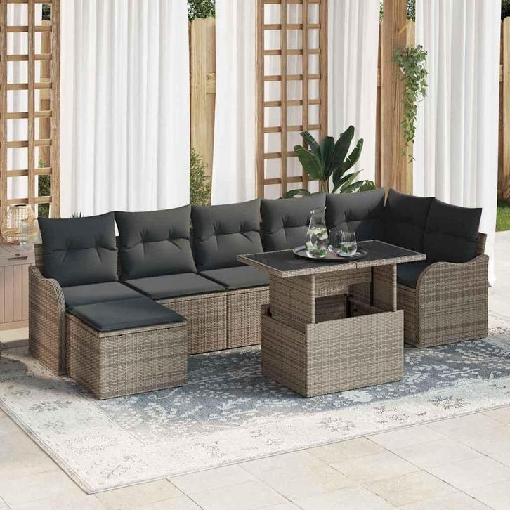 vidaXL Tuinbank Set met kussen 8 pcs Grijs Poly Riet, Tuin en Terras, Tuinsets en Loungesets, Nieuw, Verzenden