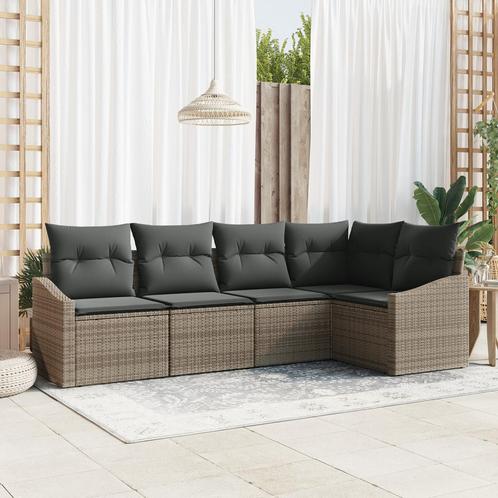 vidaXL 5-delige tuinset met kussens in grijs poly rattan, Tuin en Terras, Tuinsets en Loungesets, Tuinset, Nieuw, Verzenden