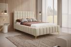 Tweepersoonsbed 140x200 beige stof gouden poten, Nieuw, 140 cm, Verzenden