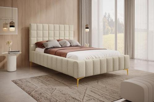 Tweepersoonsbed 140x200 beige stof gouden poten, Maison & Meubles, Chambre à coucher | Lits, Envoi