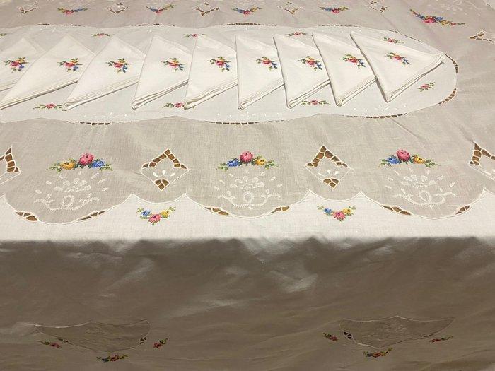 Tafelkleed - 254 cm - 167 cm - Tafelkleed met kruissteek, Antiek en Kunst, Antiek | Tapijten, Tafelkleden en Textiel