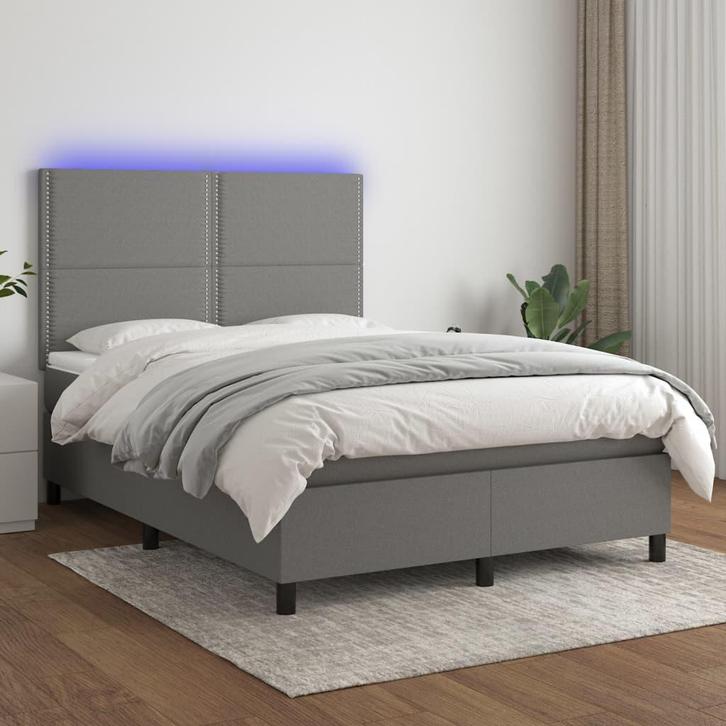 vidaXL Boxspring met matras en LED stof donkergrijs 140x200, Maison & Meubles, Chambre à coucher | Lits, Envoi