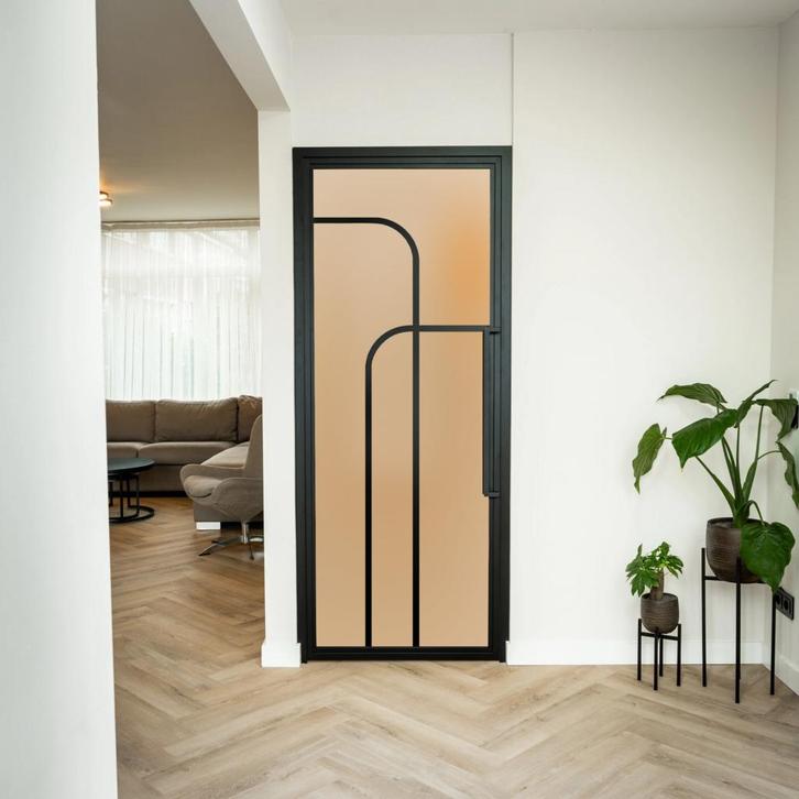 Stalen Binnendeur - Zwart - 4 Vlaks rond - Mat glas, Doe-het-zelf en Bouw, Deuren en Vliegenramen, Nieuw, Metaal, Binnendeur, 200 tot 215 cm