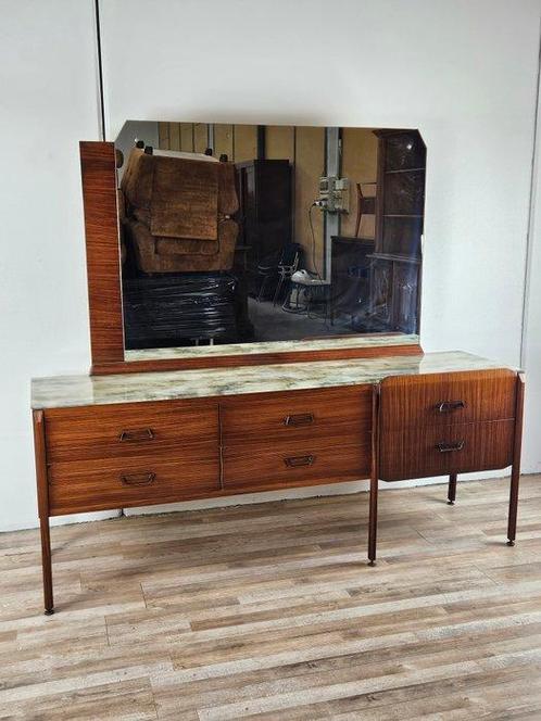 Credenza - Glas, Messing, Teak - Teak ladekast met spiegel, Antiek en Kunst, Kunst | Designobjecten