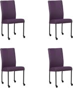 Set van 4 Paarse leren moderne eetkamerstoelen - poot rond, Huis en Inrichting, Stoelen, Nieuw, Leer, Ophalen of Verzenden, Vier