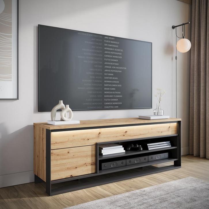 Meubella TV-Meubel eiken 155 cm - TV kast met LED, Huis en Inrichting, Kasten |Televisiemeubels, 25 tot 50 cm, Nieuw, 150 tot 200 cm