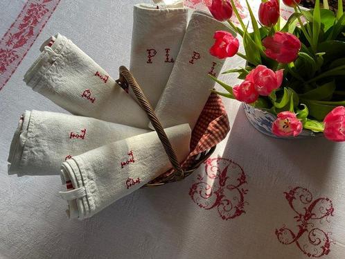 5 Napoleon 111 linnen theedoeken in het wit met de initialen, Antiek en Kunst, Antiek | Tapijten, Tafelkleden en Textiel
