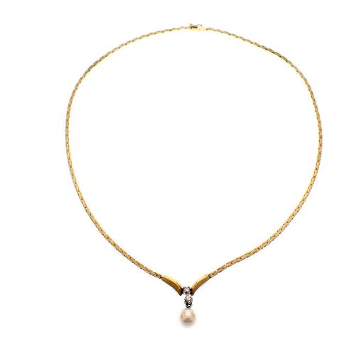 Gouden gematteerde dames collier; Parel en diamant 0,12 |..., Handtassen en Accessoires, Kettingen, Overige kleuren, Gebruikt