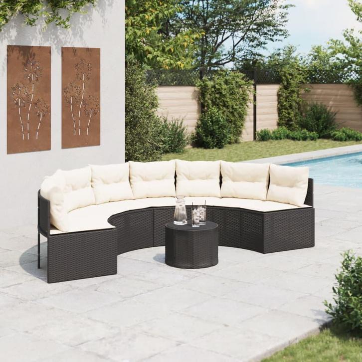 vidaXL Tuinbank met tafel en kussens halfrond poly rattan, Tuin en Terras, Tuinsets en Loungesets, Nieuw, Verzenden