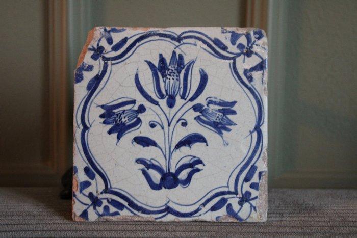 Tegel (2) - 2 Florale tegels Tulpboeket in wolkcartouche, Antiek en Kunst, Antiek | Glaswerk en Kristal