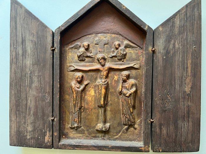 Oud religieus drieluik - Kruisiging - Hout, Stucco -, Antiek en Kunst, Kunst | Niet-Westerse kunst