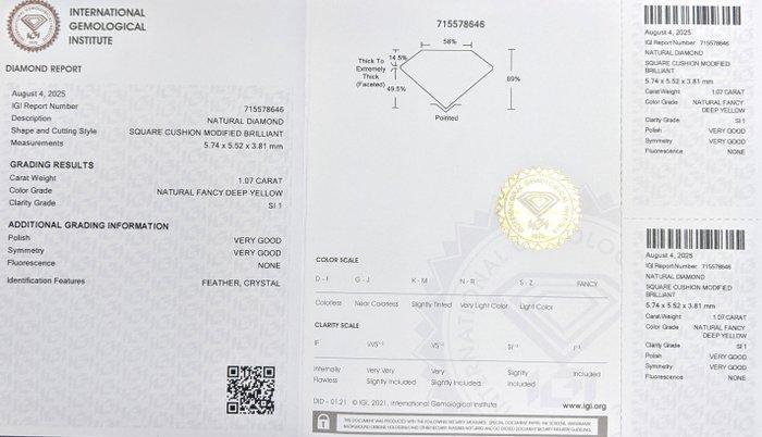 1 pcs Diamant (Natuurlijk gekleurd) - 1.07 ct - Cushion -, Handtassen en Accessoires, Edelstenen