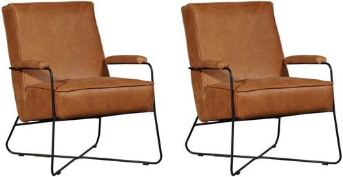 Set van 2 Cognac leren moderne design fauteuils - Vintage, Maison & Meubles, Fauteuils, Enlèvement ou Envoi