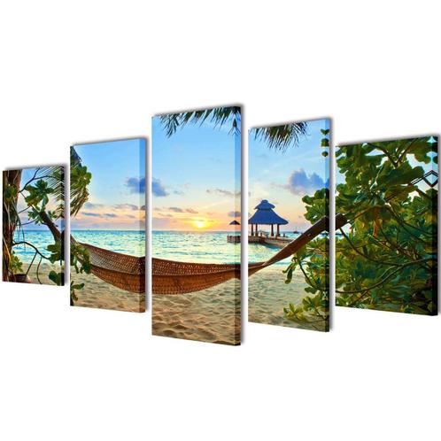 vidaXL Canvas muurdruk set zandstrand met hangmat 100 x 50, Verzamelen, Posters, Nieuw, Verzenden