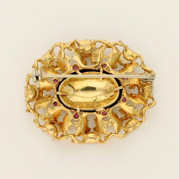 Broche - 18 karaat Geel goud - 0.32ct. tw. Robijn - Emaille, Handtassen en Accessoires, Antieke sieraden