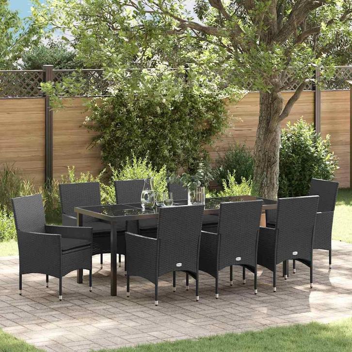 vidaXL Tuin Eettafel Set met kussen 9 pcs Zwart poly rattan, Tuin en Terras, Tuinsets en Loungesets, Nieuw, Verzenden