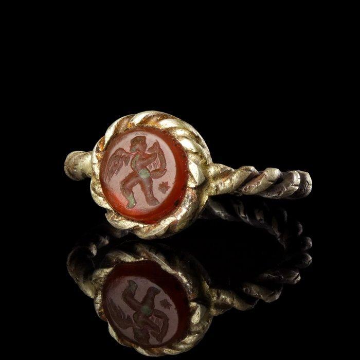 Oud-Romeins Zilver Zegelring met carneool Amor inlegwerk, Antiek en Kunst, Antiek | Overige Antiek