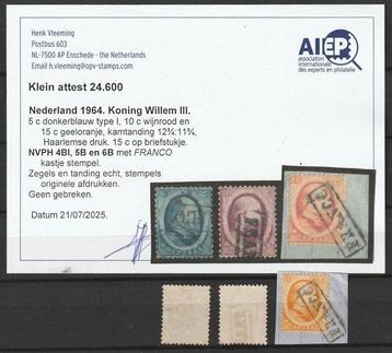 Nederland 1864 - Willem III + Attest - NVPH 4BI, 5B en 6B, beschikbaar voor biedingen
