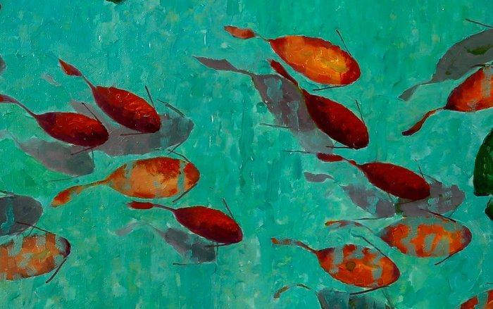 Guido Borelli - Koi tra le foglie XL, Antiek en Kunst, Kunst | Schilderijen | Modern