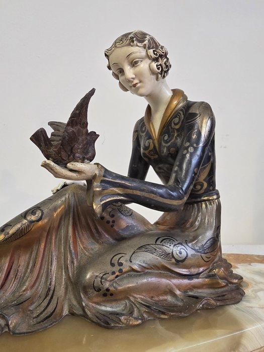 H. Molins - Beeld, Dame met vogels - 58 cm - Onyx, regule -, Antiquités & Art, Art | Objets design