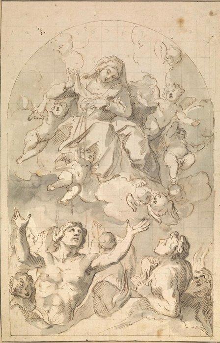 Scuola Veneta (XVII) - La Madonna con le anime purganti, Antiek en Kunst, Kunst | Schilderijen | Klassiek