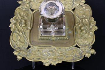 Inktpot - Art Nouveau floral bronze inkwell. - Brons, Glas,