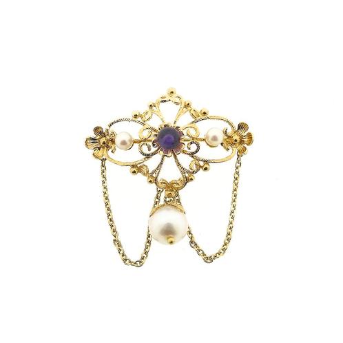 Victoriaanse gouden broche met cultivé parels en paarse g.., Handtassen en Accessoires, Broches, Overige kleuren, Gebruikt, Met edelsteen