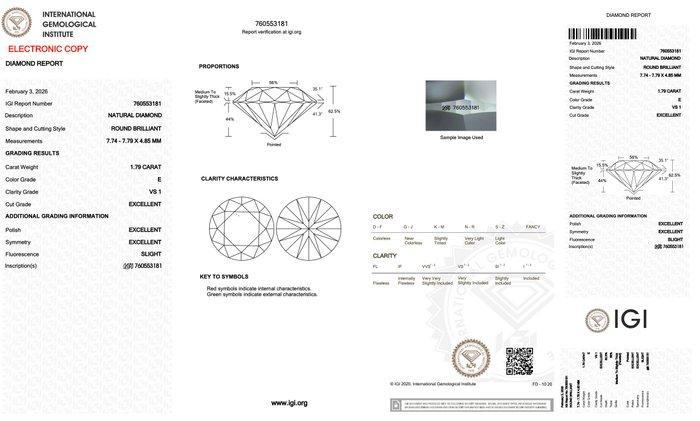 1 pcs Diamant (Natuurlijk) - 1.79 ct - Rond - E - VS1 -, Bijoux, Sacs & Beauté, Pierres précieuses