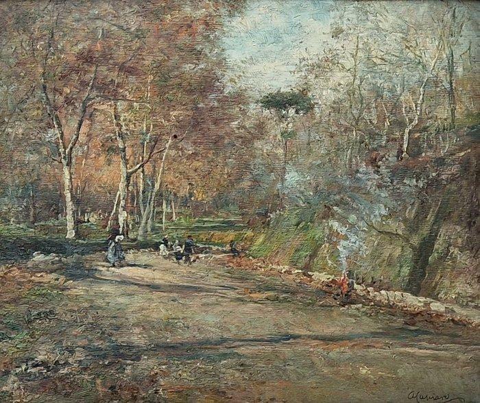 Giuseppe Casciaro (1863-1941) - Paesaggio boschivo con, Antiquités & Art, Art | Peinture | Classique