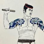 Homme tenant des baguettes de batterie - Lithographie, Antiek en Kunst