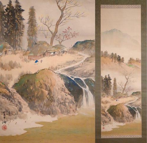 Autumn Landscape - Old House and Waterfall - hanging scroll, Antiek en Kunst, Antiek | Overige Antiek