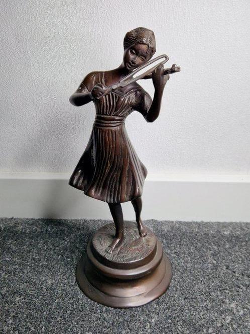 Beeldje - Meisjes met viool brons - Brons, Antiek en Kunst, Curiosa en Brocante