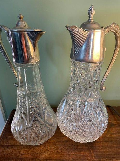 Karaf (2) - Glas, Verzilverd - Wijnkannen, zilveren deksels, Antiek en Kunst, Antiek | Meubels | Tafels