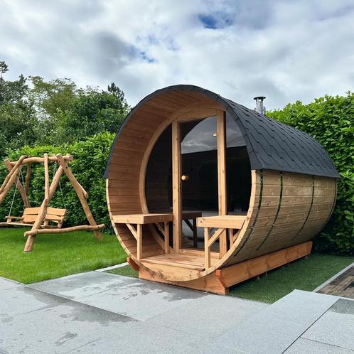 Barrelsauna thermowood L300 x D227 - Stock Deals!, Sport en Fitness, Sauna, Fins of Traditioneel, Nieuw, Complete sauna