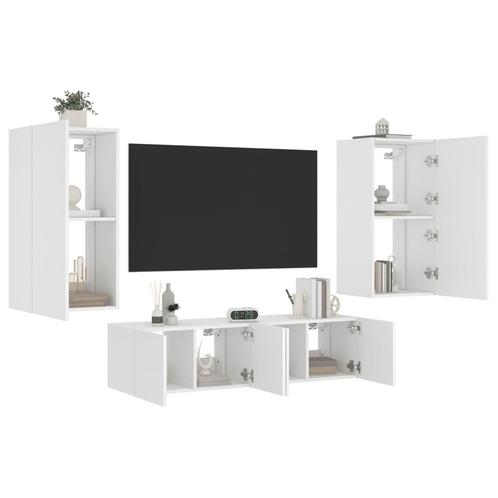 vidaXL Unités murales TV avec LED 4 pcs blanc bois, Maison & Meubles, Armoires | Mobilier de télévision, Neuf, Envoi