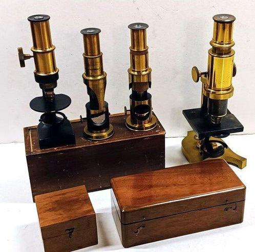 4 antike Microscope aus ca 1920, Messing und Zubehör, Verzamelen, Foto-apparatuur en Filmapparatuur