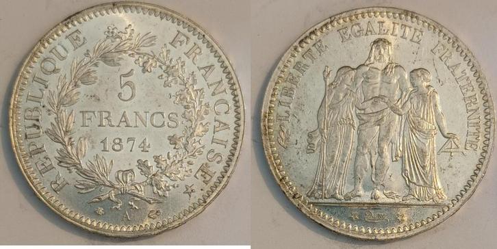 France Frankreich Km 820 5 Francs 1874 A Paris Type Hercule, Postzegels en Munten, Munten | Europa | Niet-Euromunten, België, Verzenden